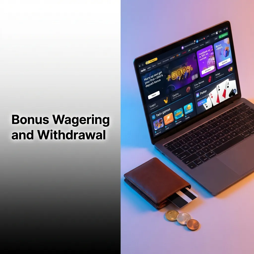 Diagram showing bonus account separate from real money, with 5x wagering requirement and withdrawal process steps.