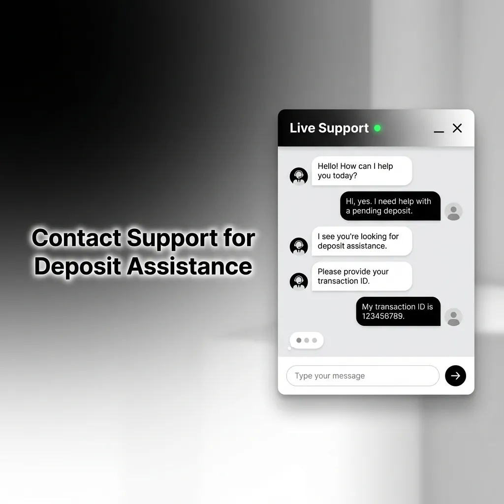 Customer support representative assisting user with deposit issues through live chat, email, Telegram, and phone