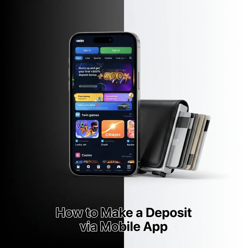 User making a deposit on 1win mobile app, showing payment method selection and transaction confirmation steps