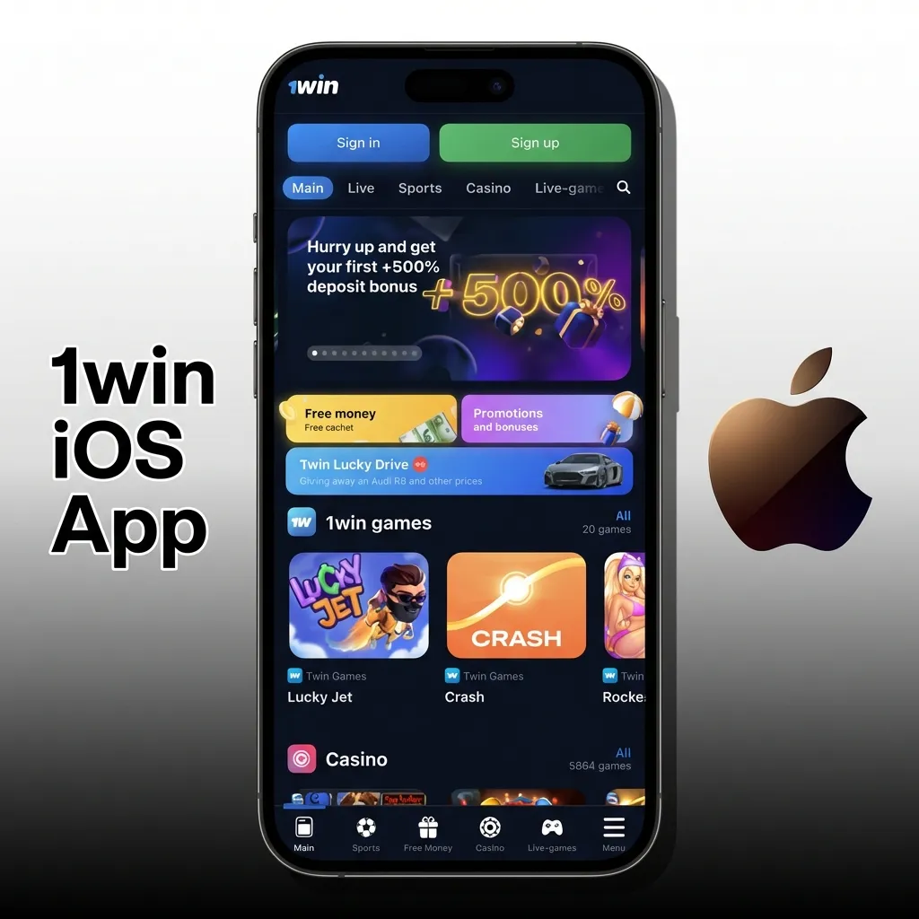 1win iOS app interface showing sports betting and casino games on iPhone with download button