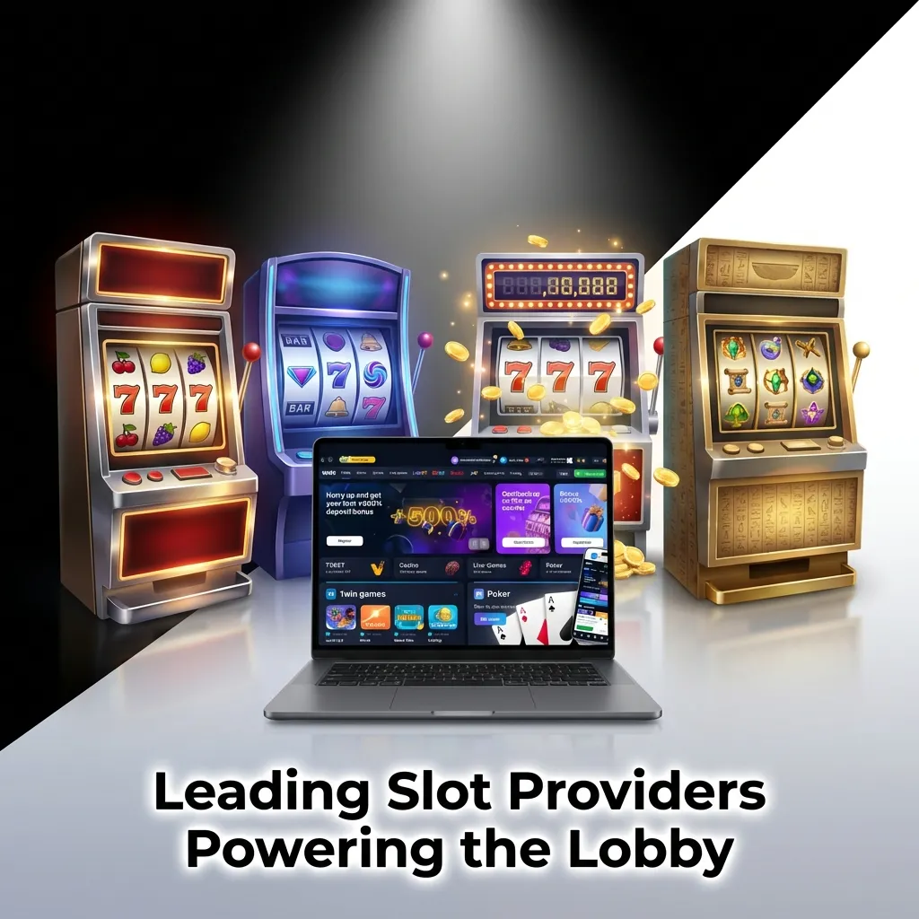 Logos of top slot game providers including Pragmatic Play, NetEnt, Microgaming, and Play'n GO on digital display