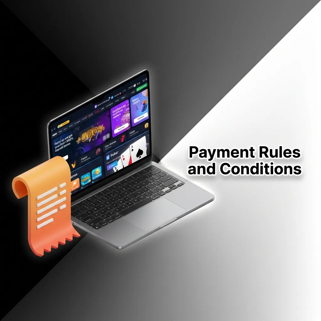 Payment rules interface showing verification, withdrawal methods, wagering requirements, and transaction conditions.