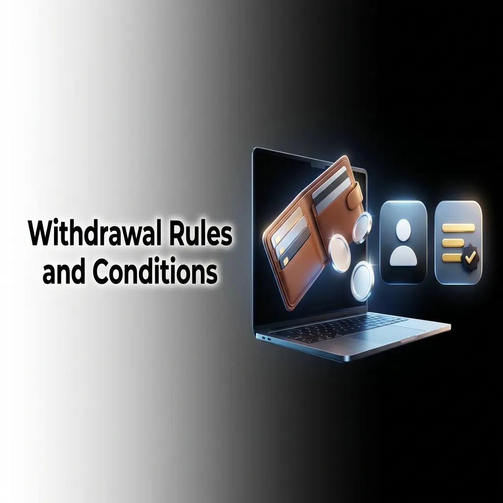 Checklist graphic showing withdrawal rules: KYC verification, wagering requirements, payment method matching, and limits.