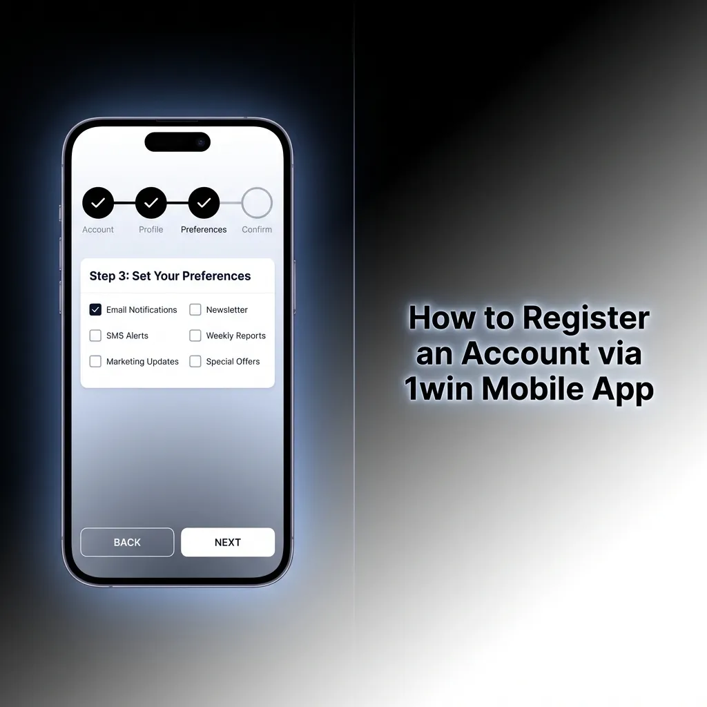 Step-by-step guide showing 1win mobile app registration process from download to account verification